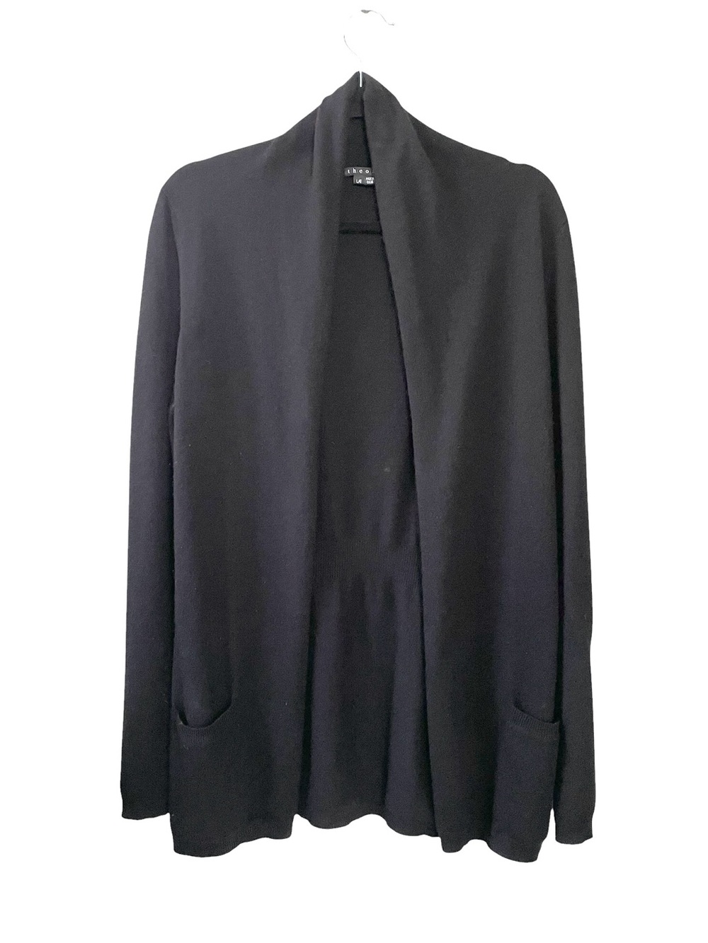 Theory Black Cashmere Open Front Cardigan Sweater Shawl Collar L